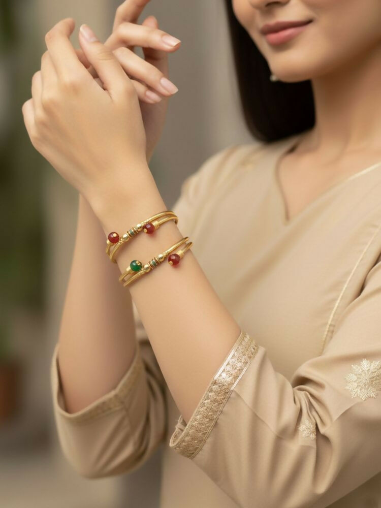 NVR Women Set of 2 Gold Plated Artificial Beads Bangle