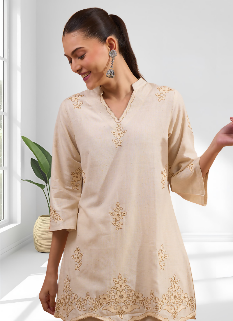 Joban Fashion Beige Linen Embroidered Readymade Cord Set