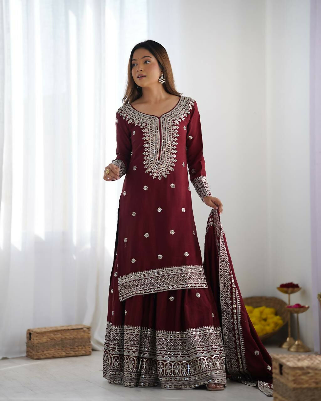 Joban Fashion Maroon Kurta Set Silk Sequins , Zari, Coding & Thread Embroidered work