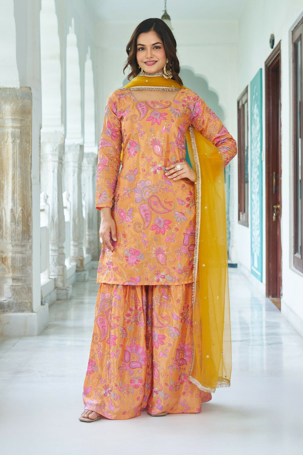 Joban Fashion Yellow Kurta Set Chinnon Embroidery Sequence Work