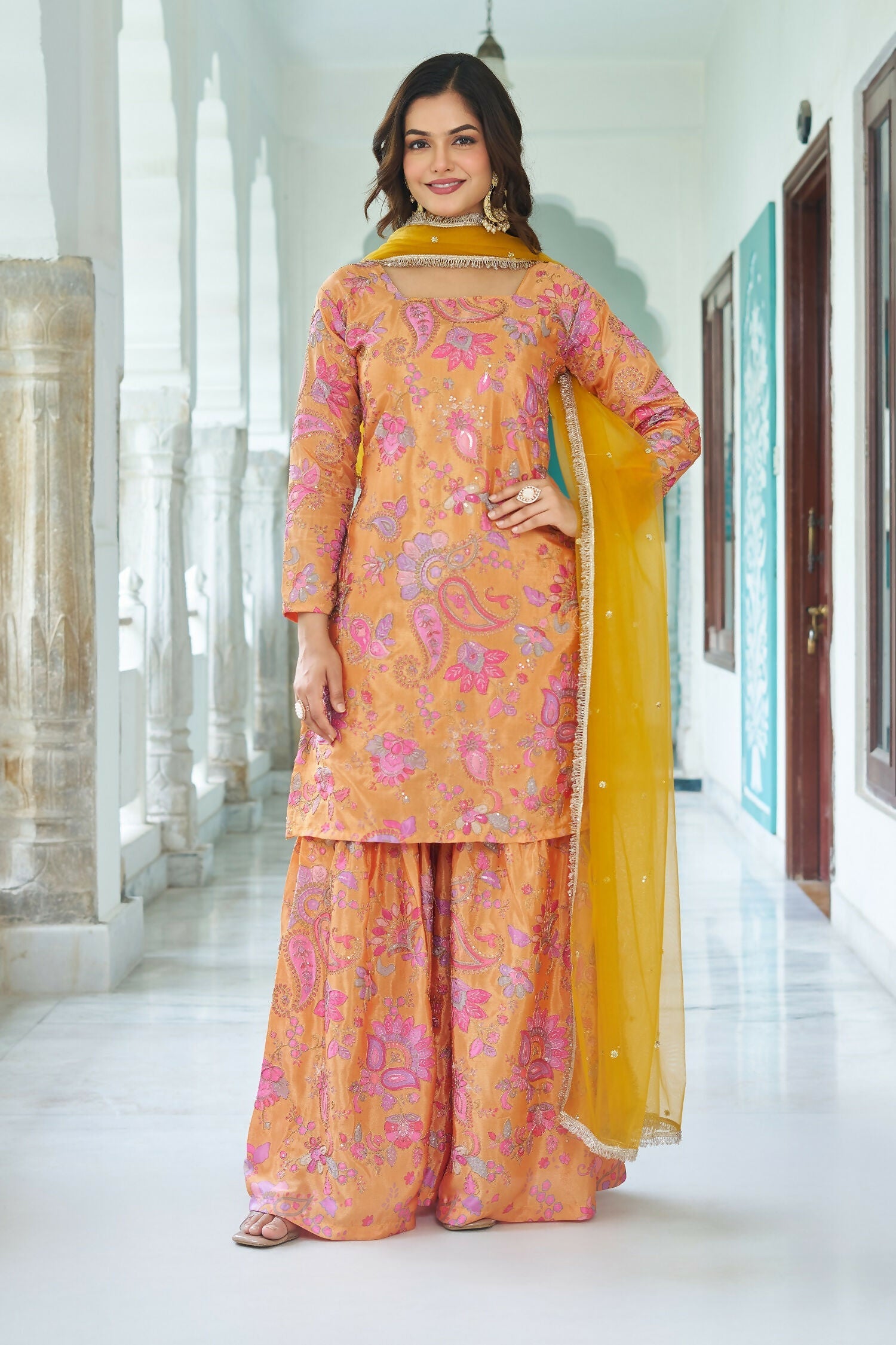 Joban Fashion Yellow Kurta Set Chinnon Embroidery Sequence Work