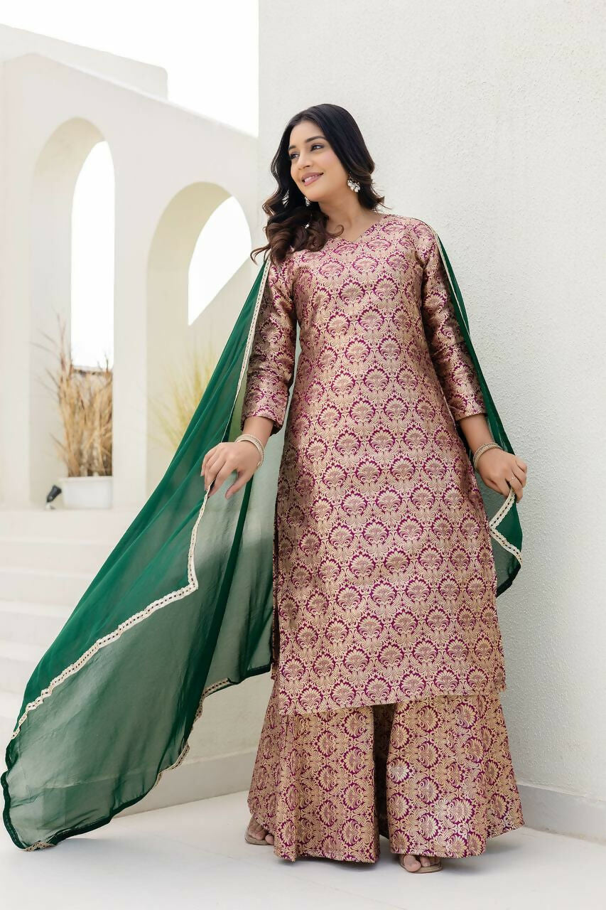 Joban Fashion Peach Jacquard Embroidered Sharara Set