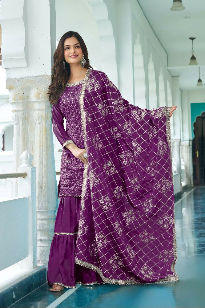 Teeya Creation Wine Colour Chinnon Silk Heavy Embroidery Work Fully Stitched Salwar Suit