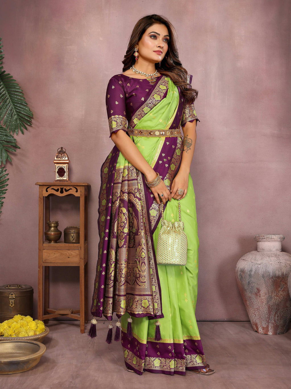 Aastha Fashion Parrot Green Kalamkari Silk Zari Woven Saree