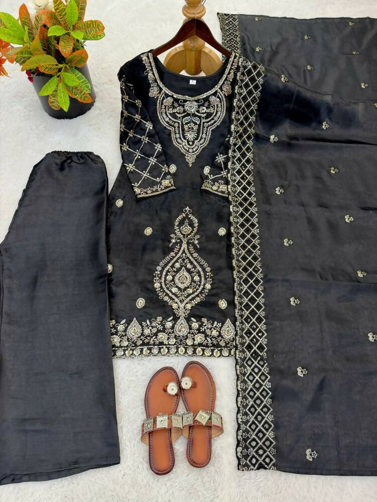 Teeya Creation Black Color Gimmychu Silk Embroidery Work Wedding Wear Salwar Suit