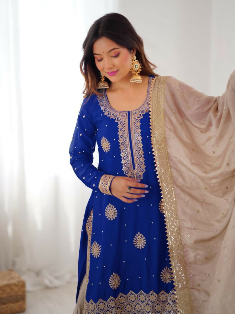 Lehenga Mart Designer Sharara Suit With Kurta, Sharara, Dupatta For Women-Blue