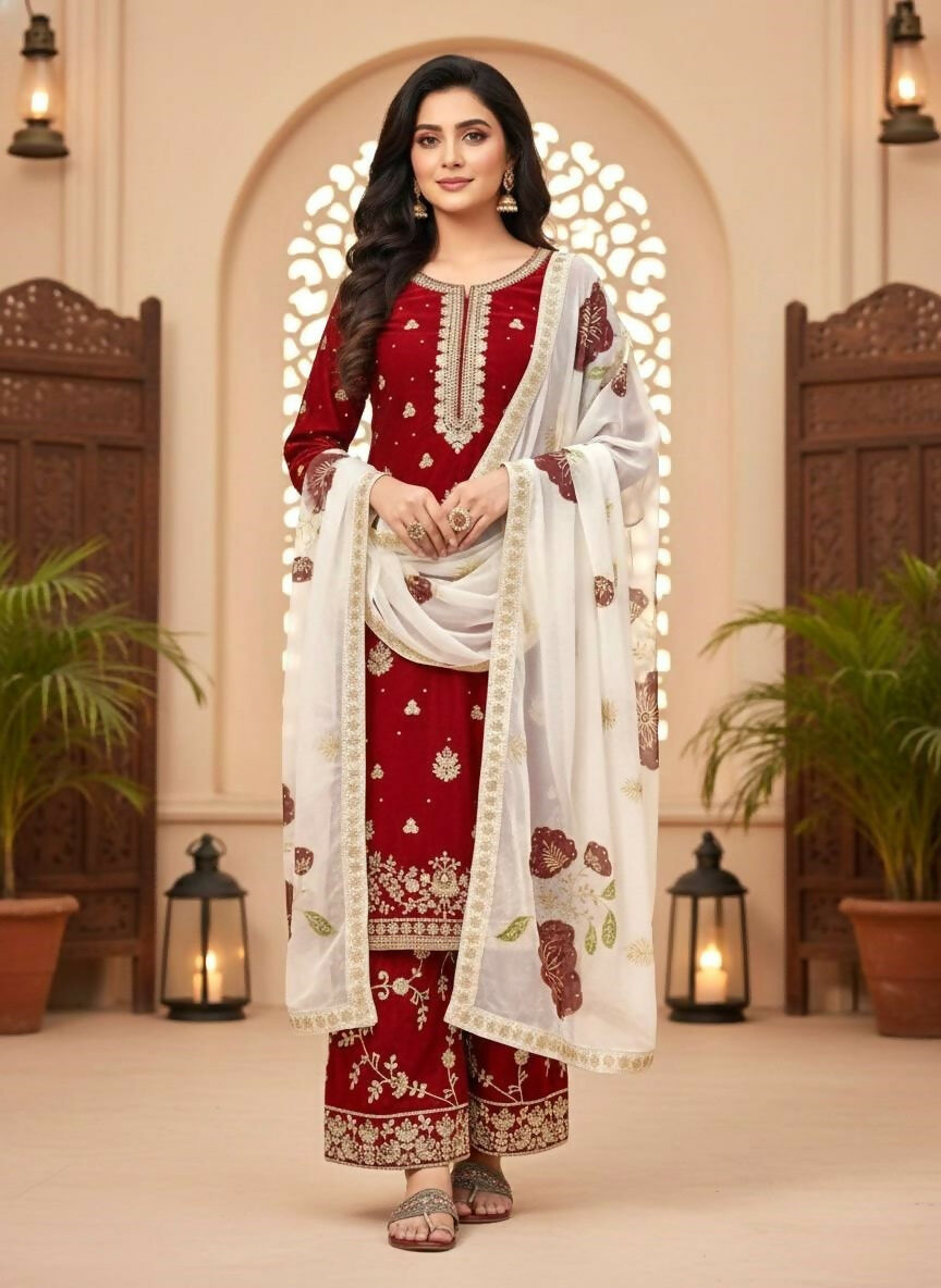Teeya Creation Maroon Fendy Silk Beads Work Designer Wedding Wear Salwar Suit