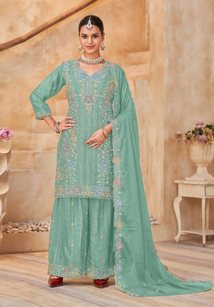 Anaita Sky Blue Vichitra Silk Readymade Palazzo Suit with Embroidery & Lace Work