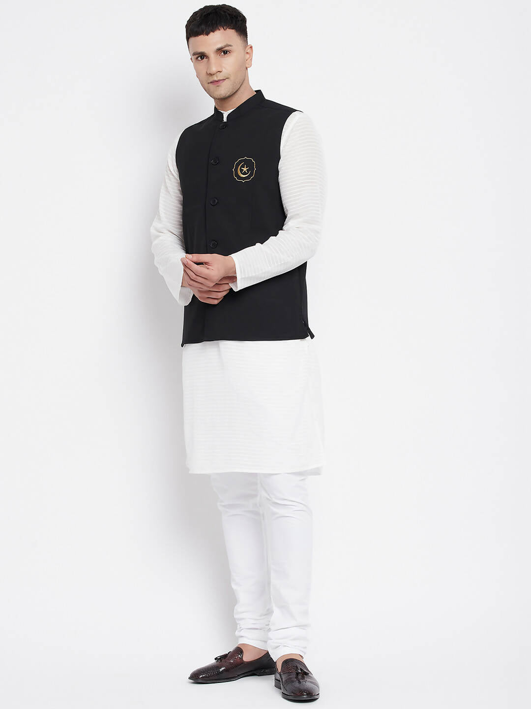 Even Apparels Black Pure Cotton Nehru Jacket With Eid Insignia PW668