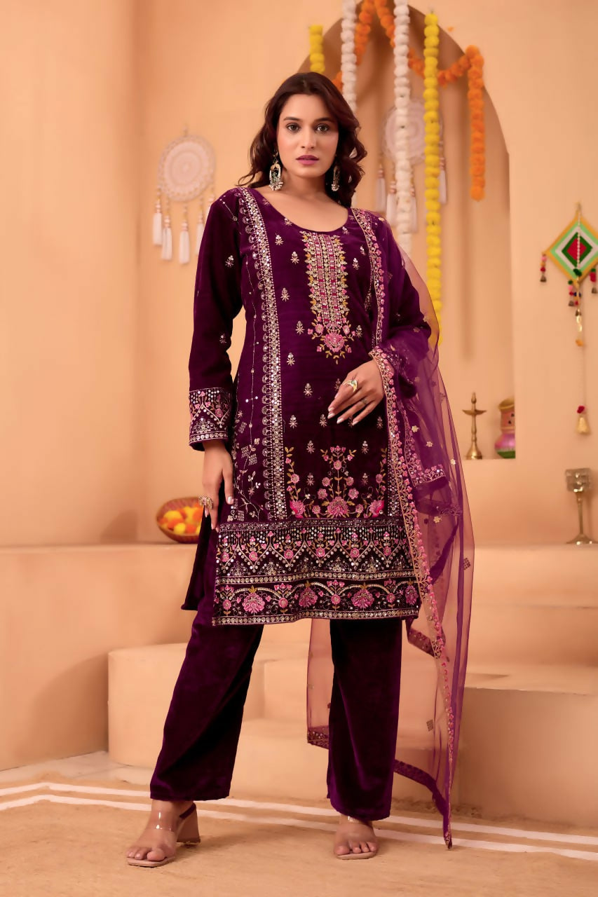 Joban Fashion Purple Kurta Set Velvet Embroidery Sequence Work