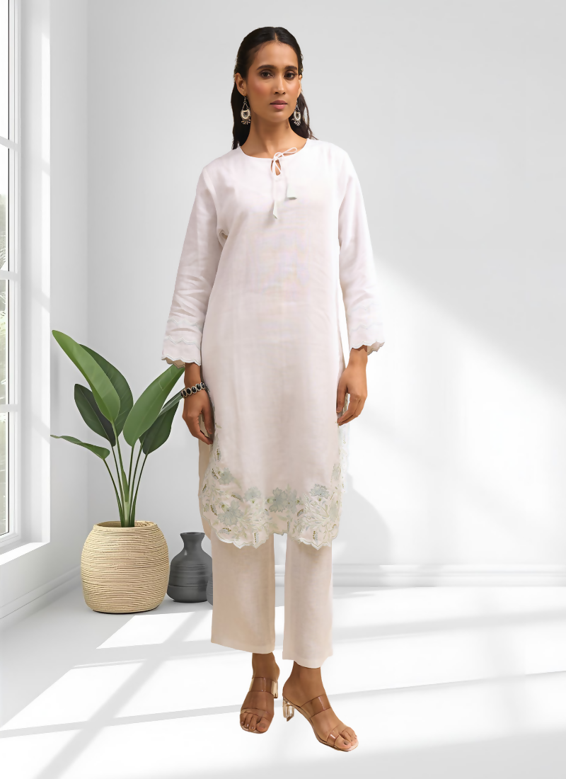Joban Fashion Off White Linen Embroidered Readymade Cord Set