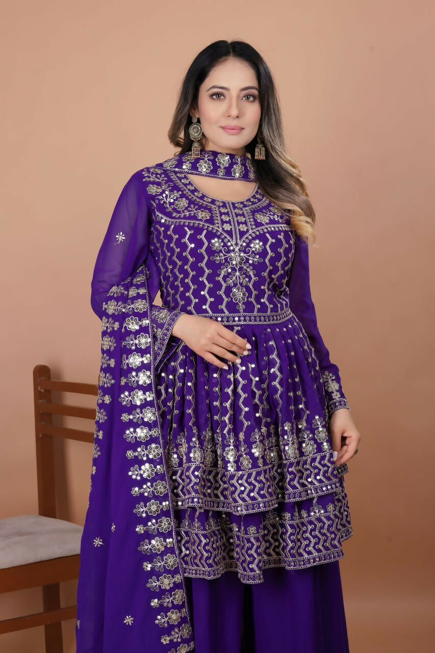 Teeya Creation Purple Color Faux Georgette Embroidery Work Wedding Wear Palazzo Set