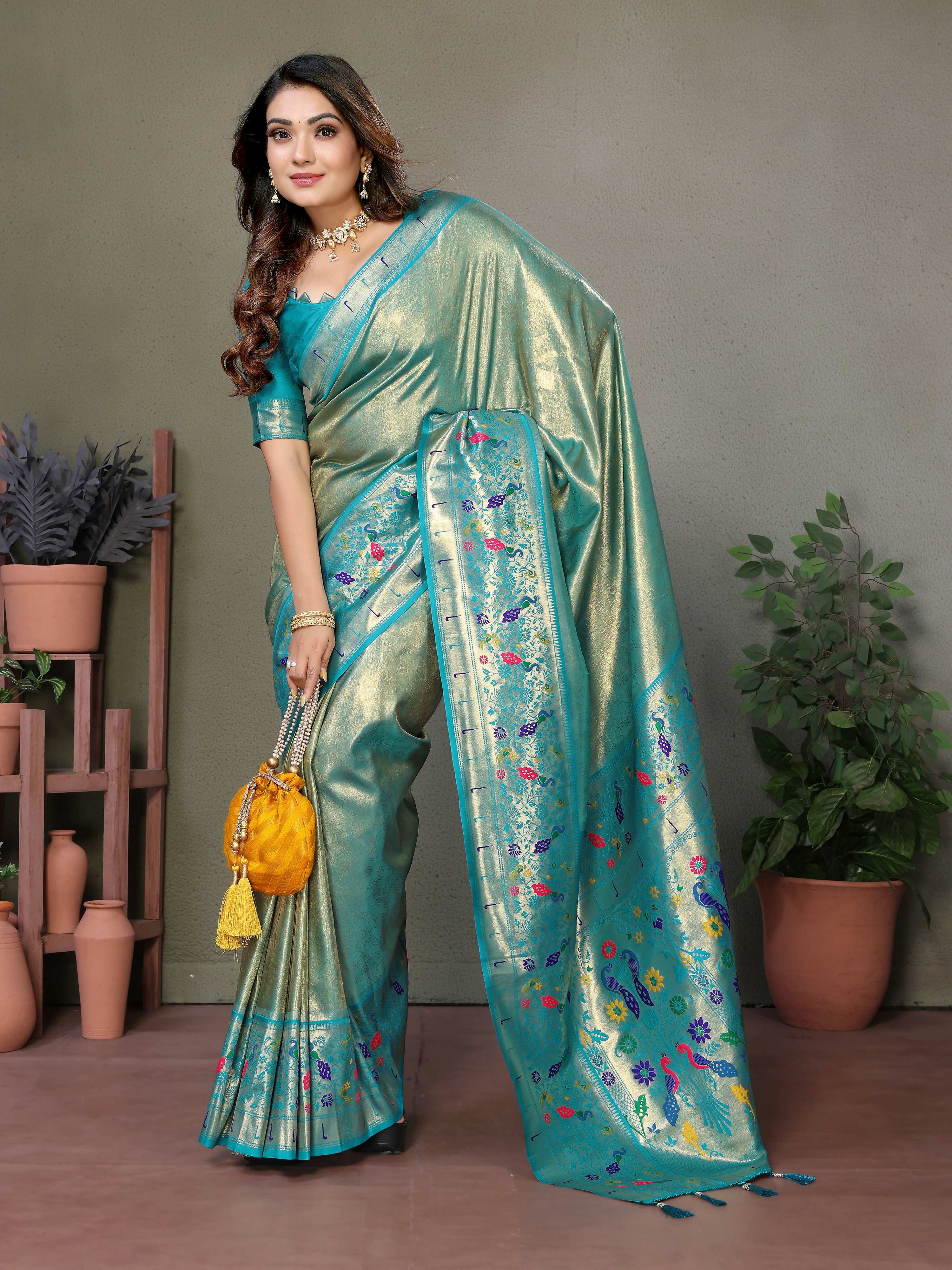 Aastha Fashion Sea Green Tissue Silk Paithani Woven Saree