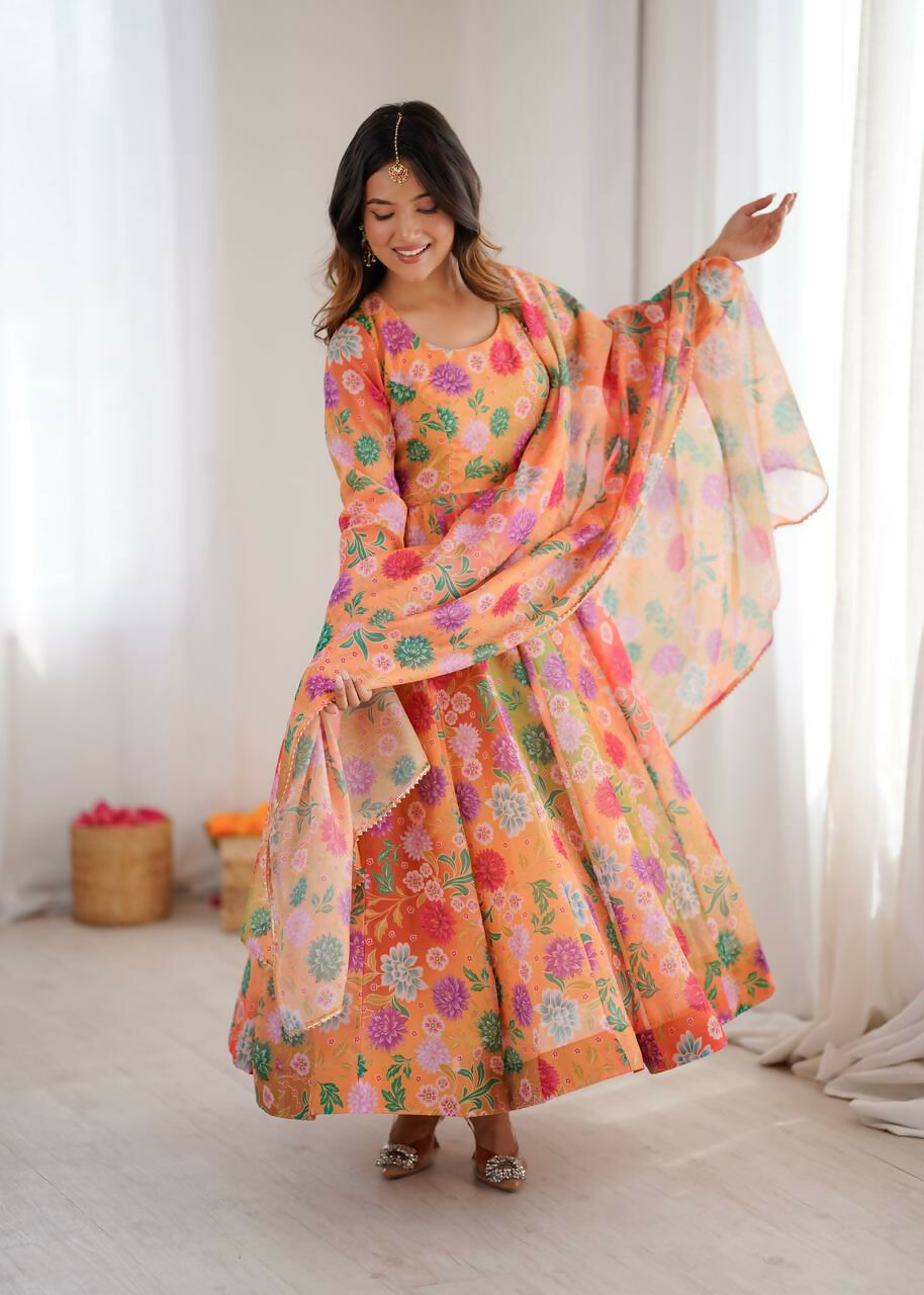 Teeya Creation Orange Soft Organza Digital Printed Party Wear Long Gown