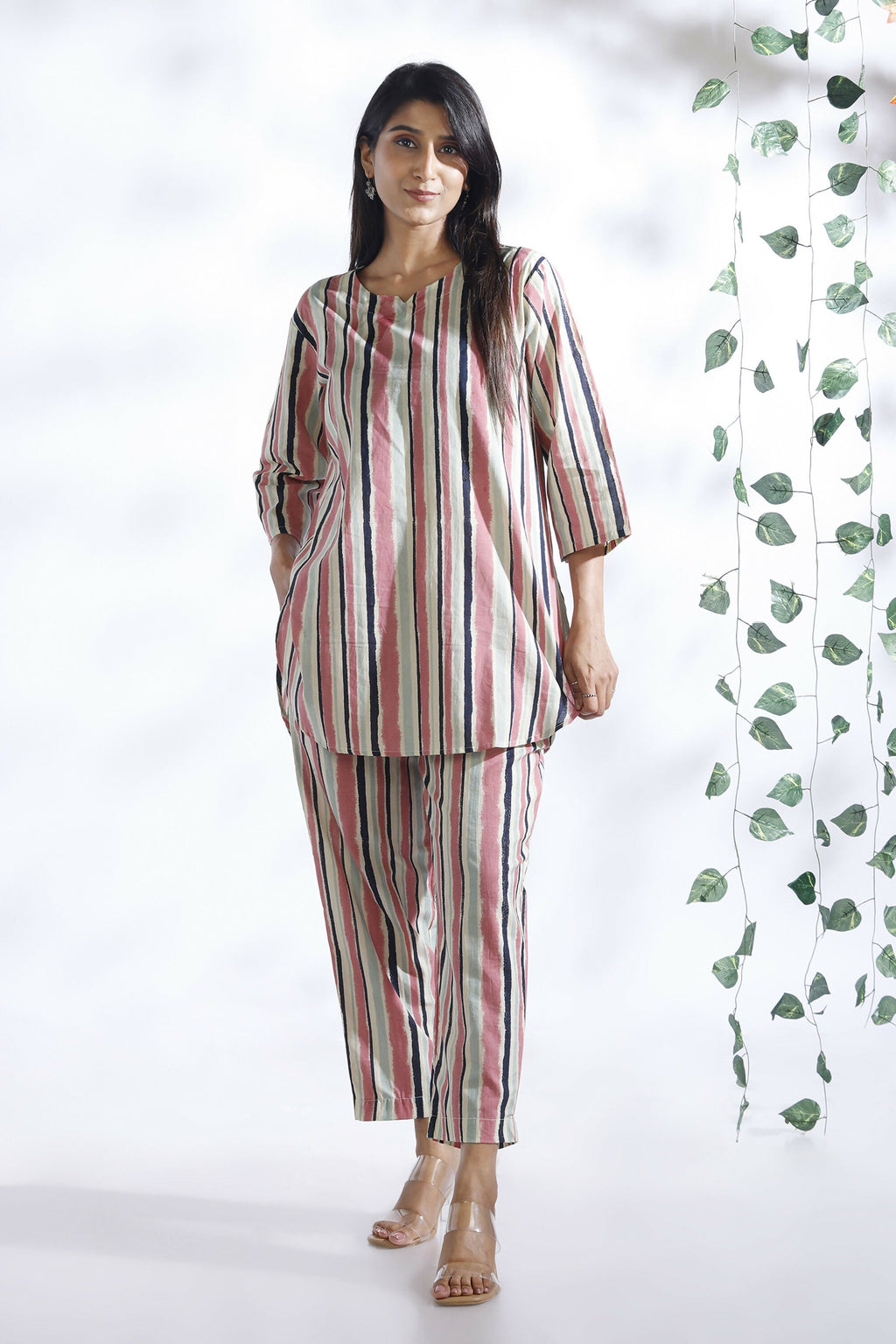 Breathables Women’S Pink Cotton Stripes Loungewear Co-Ord Set