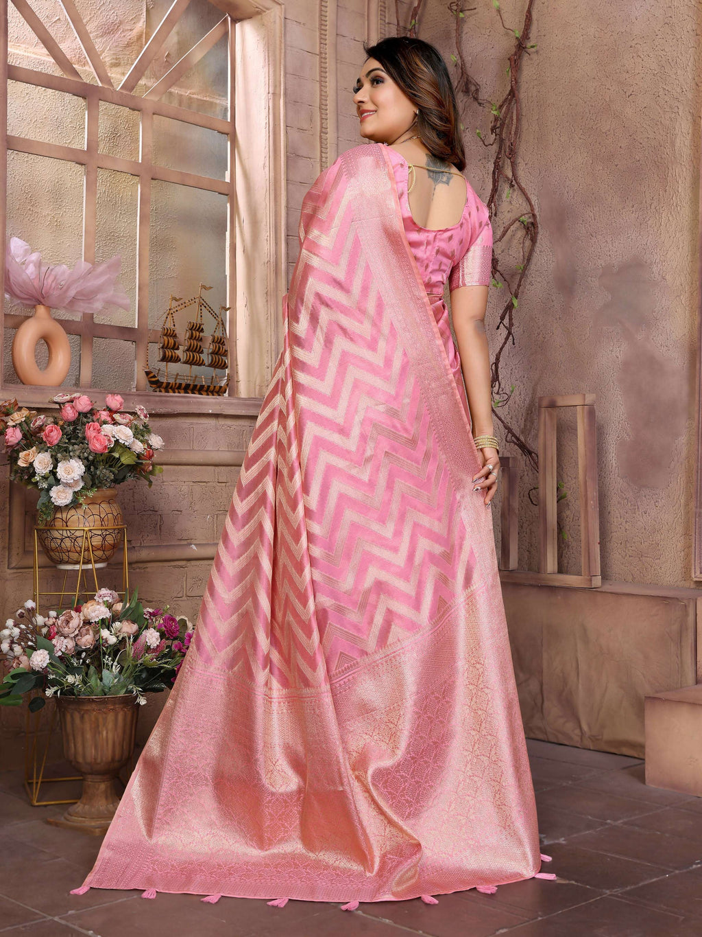 Aastha Fashion Pink Soft Organza Silk Weaving Saree