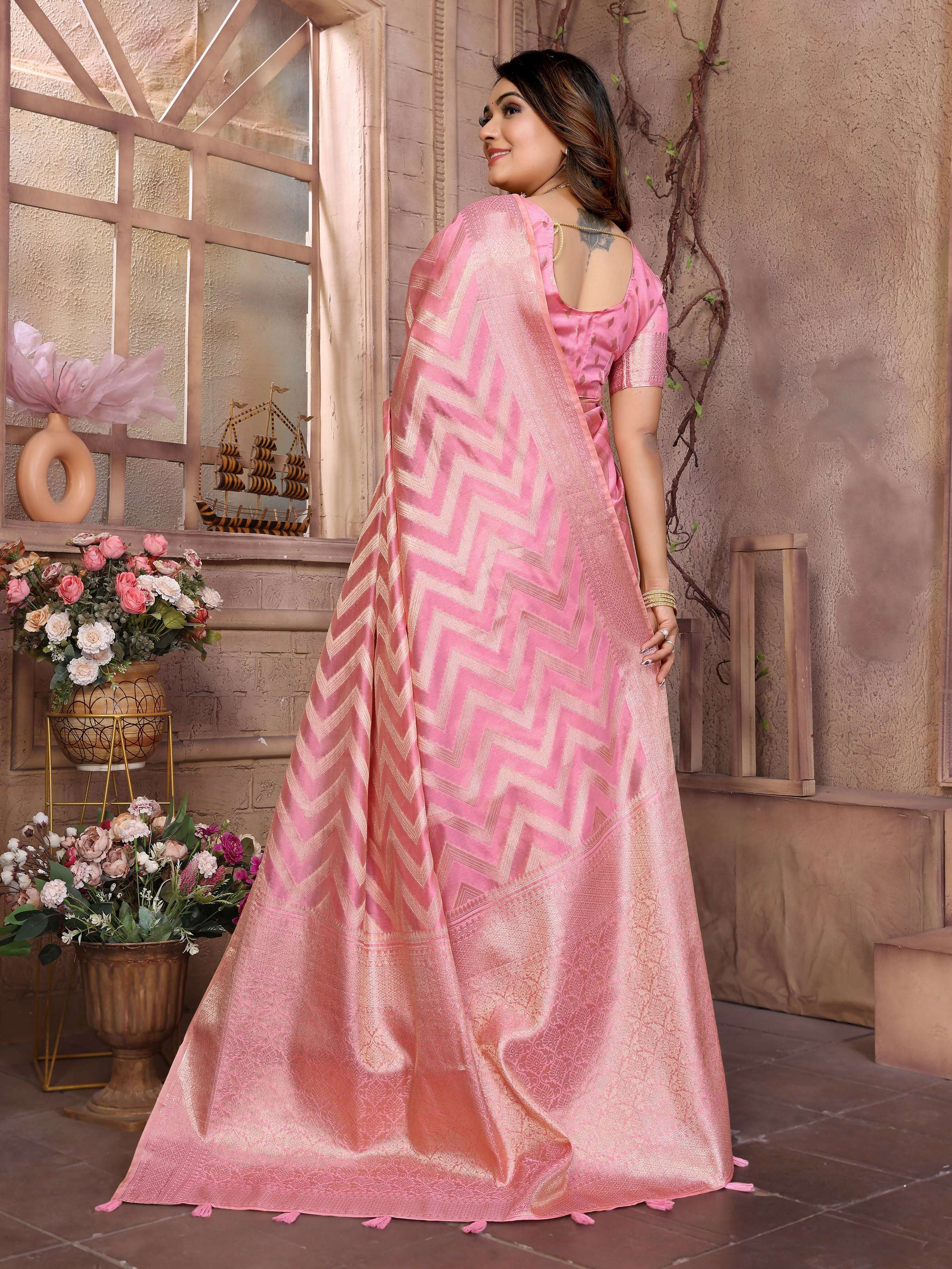 Aastha Fashion Pink Soft Organza Silk Weaving Saree