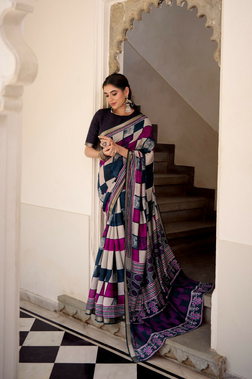 Vastranavya Navy Blue Viscose Chanderi Printed with Temple Border Saree & Unstitched Blouse