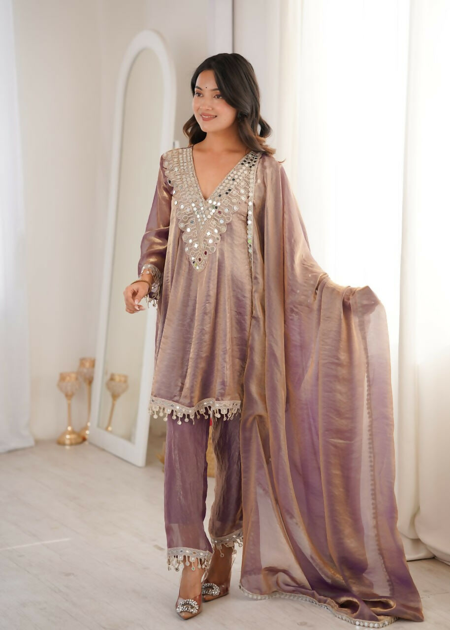 Teeya Creation Womens New Trending Fendy Fabric With Real Mirror With Coding Embroidered Lace Work Kurta Set