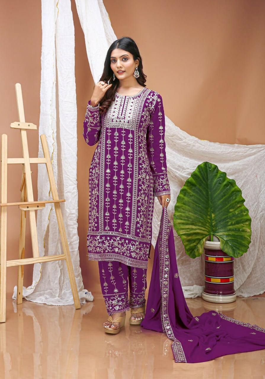 Teeya Creation Wine Faux Georgette Embroidery Work Wedding Wear Salwar Suit