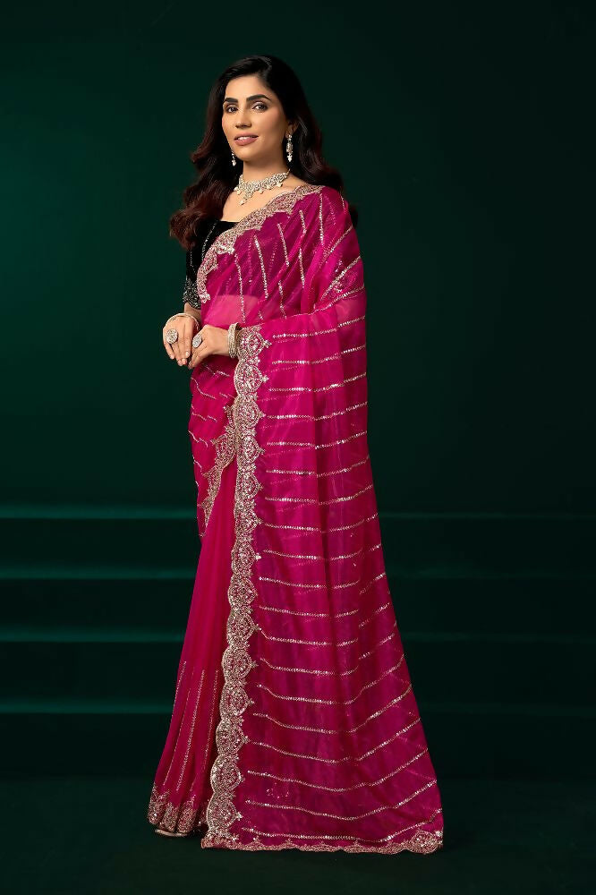 Joban Fashion Rani Pink Net Party Wear Sarees
