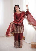 Teeya Creation Maroon Color Fendy Satin Silk Embroidery Work Party Wear Salwar Suit