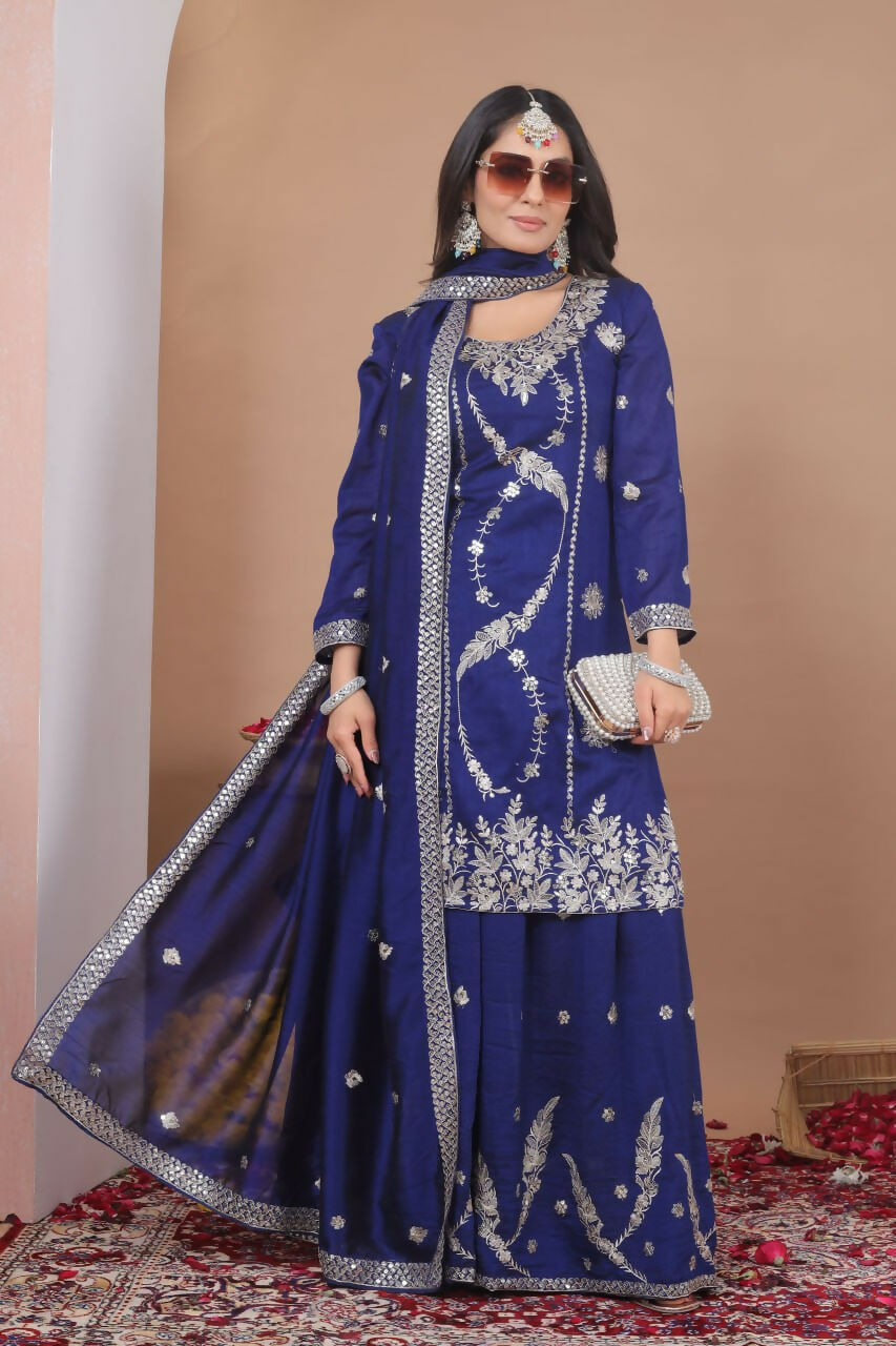 Teeya Creation Blue Color Vichitra Silk Embroidery Work Wedding Wear Palazzo Set