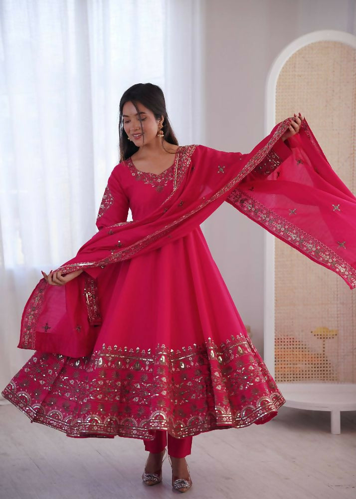 Teeya Creation Pink Roman Silk Embroidery Work Party Wear long Gown