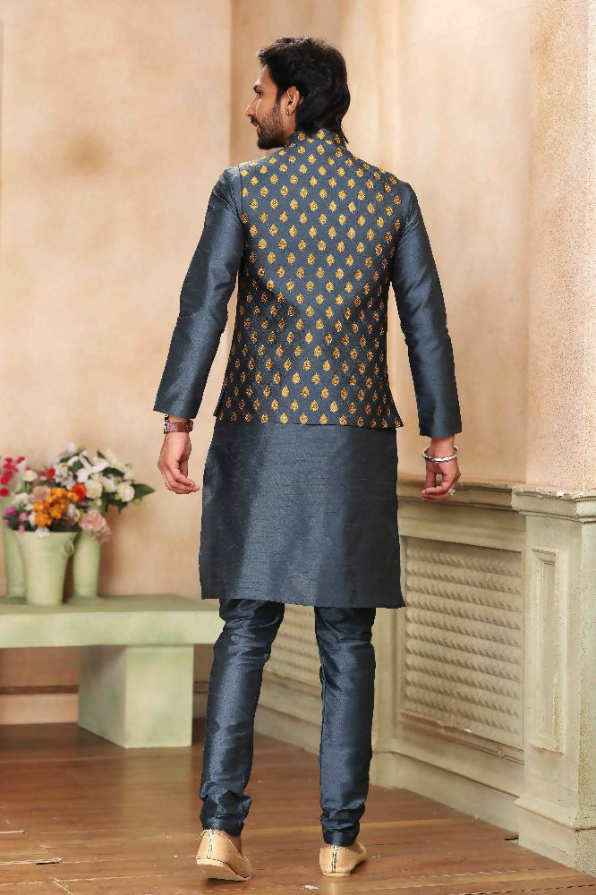 Raivat Ethnic Jacquard Banarasi Silk Woven Work 3 Pics Jacket Set In Dark Grey Colour