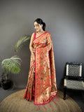 Joban Fashion Peach Floral & Leaf Motifs Soft Silk Paithani Saree