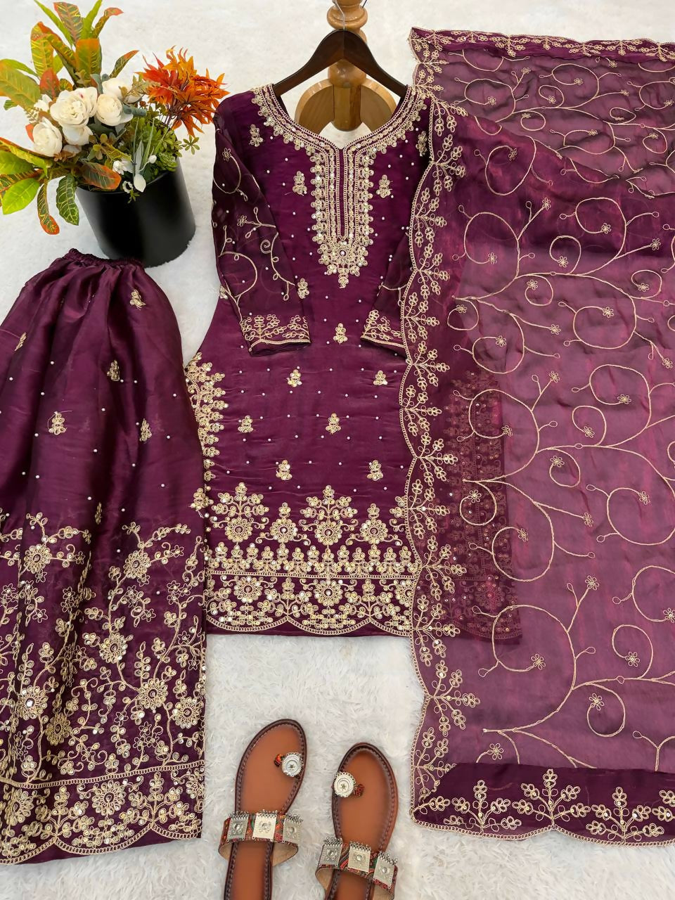 Teeya Creation Wine Color Gymmi Silk Embroidery Work Wedding Wear Sharara Set
