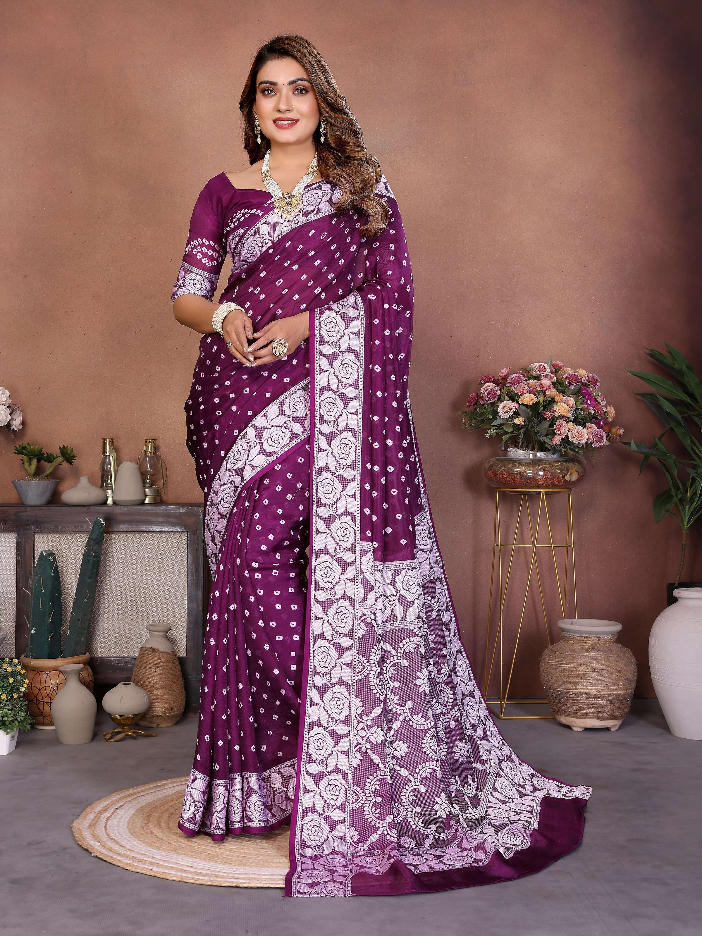Aastha Fashion Wine Viscose Silk Handmade Original Bandhej Saree
