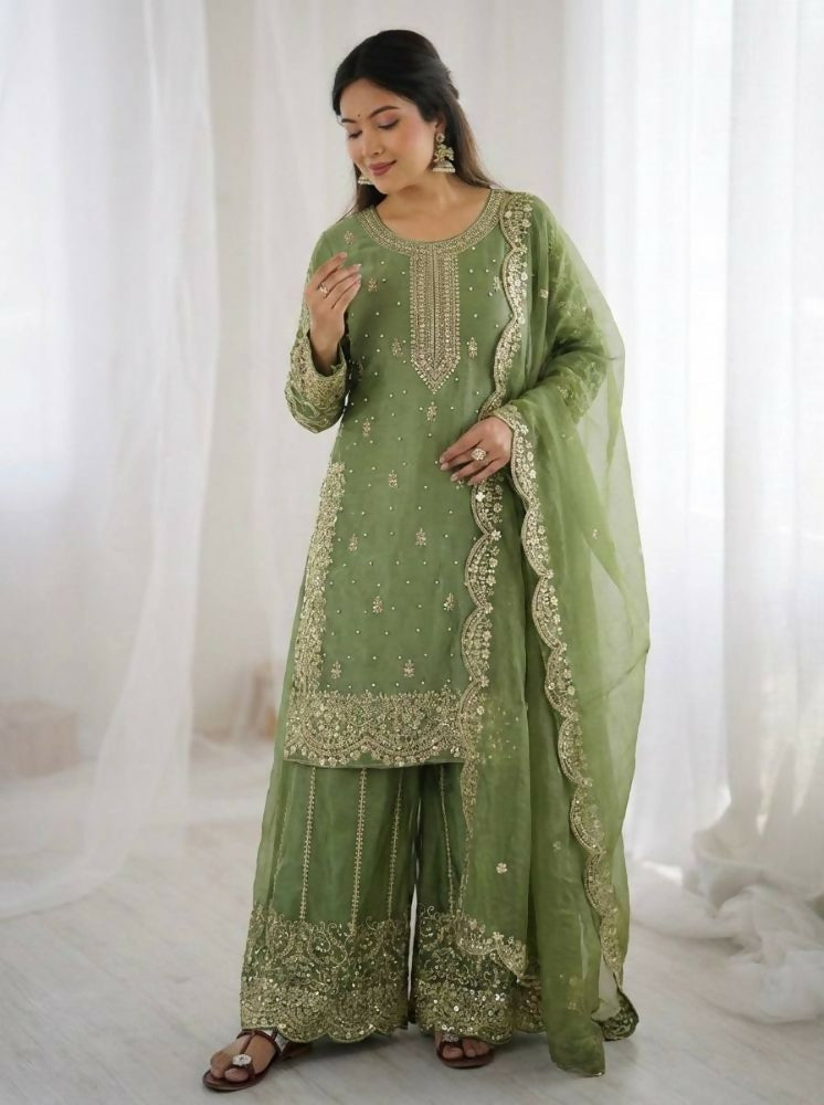 Teeya Creation Parrot Green Color Fendy Silk Embroidery Work Wedding Wear Salwar Suit