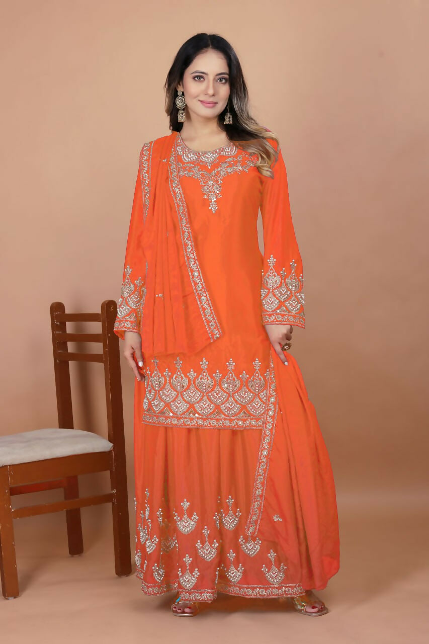 Teeya Creation Orange Chinon Embroidery Work Party Wear Palazzo Suit