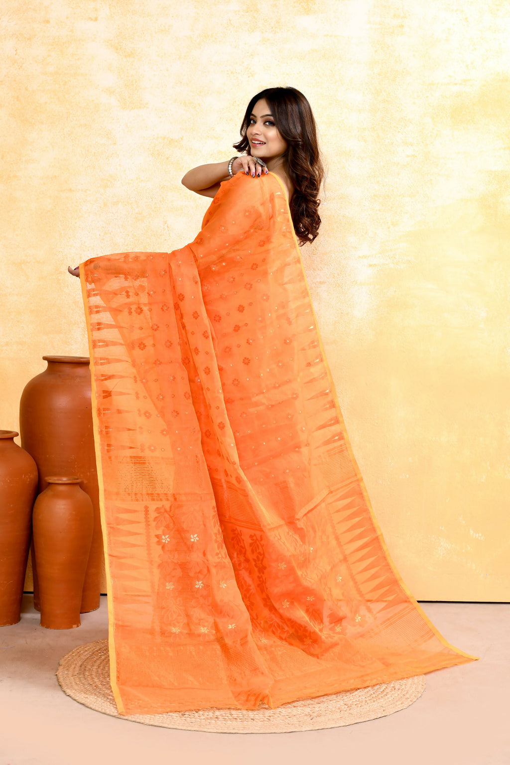 Piyari Fashion Women's Orange Embellished Cotton Blend Jamdani Saree