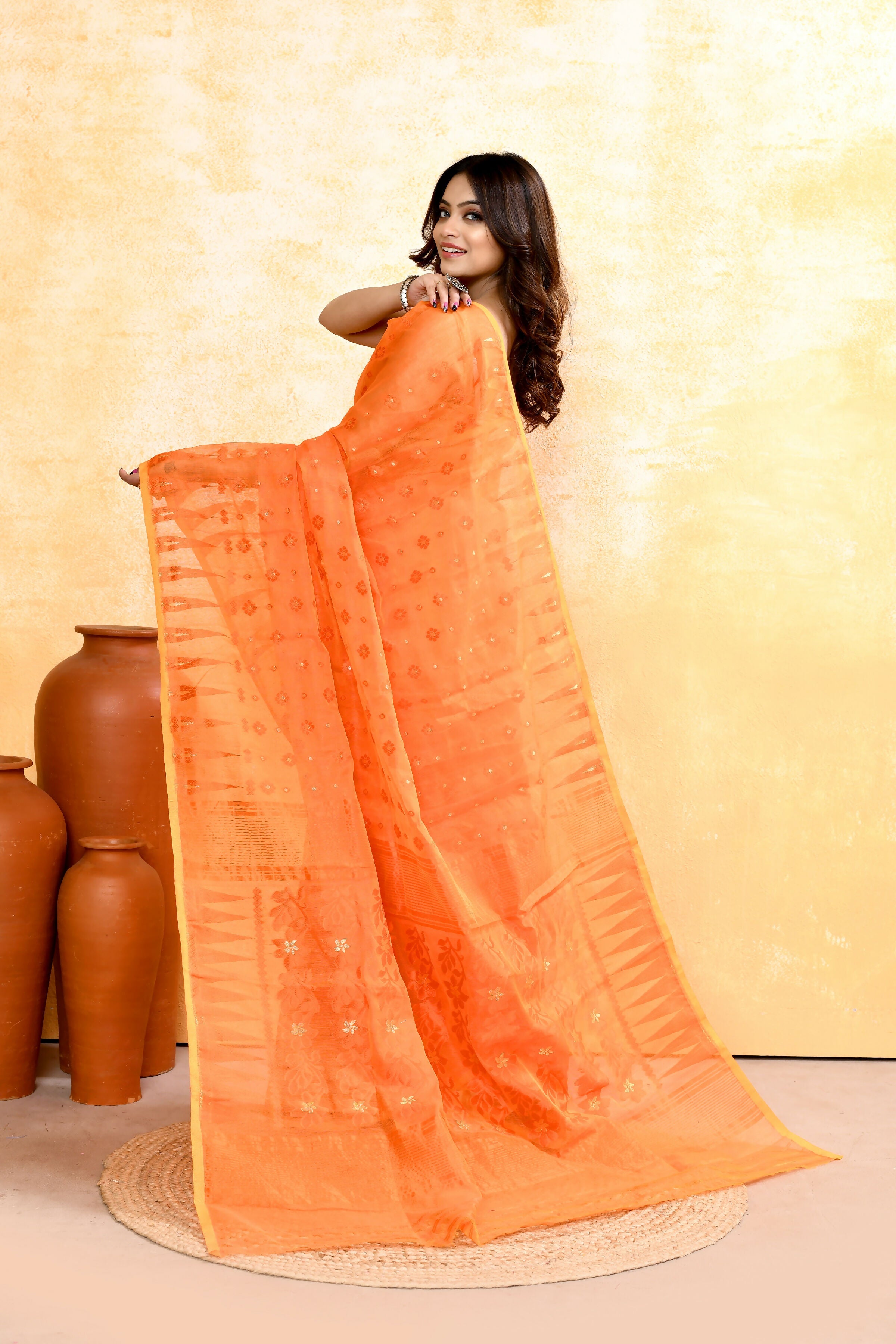 Piyari Fashion Women's Orange Embellished Cotton Blend Jamdani Saree
