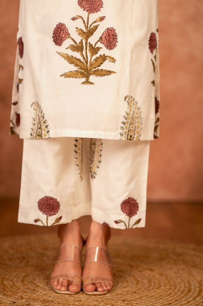 Joban Fashion Off White Red Floral Hand Block Printed Cotton Kurta Pant Set