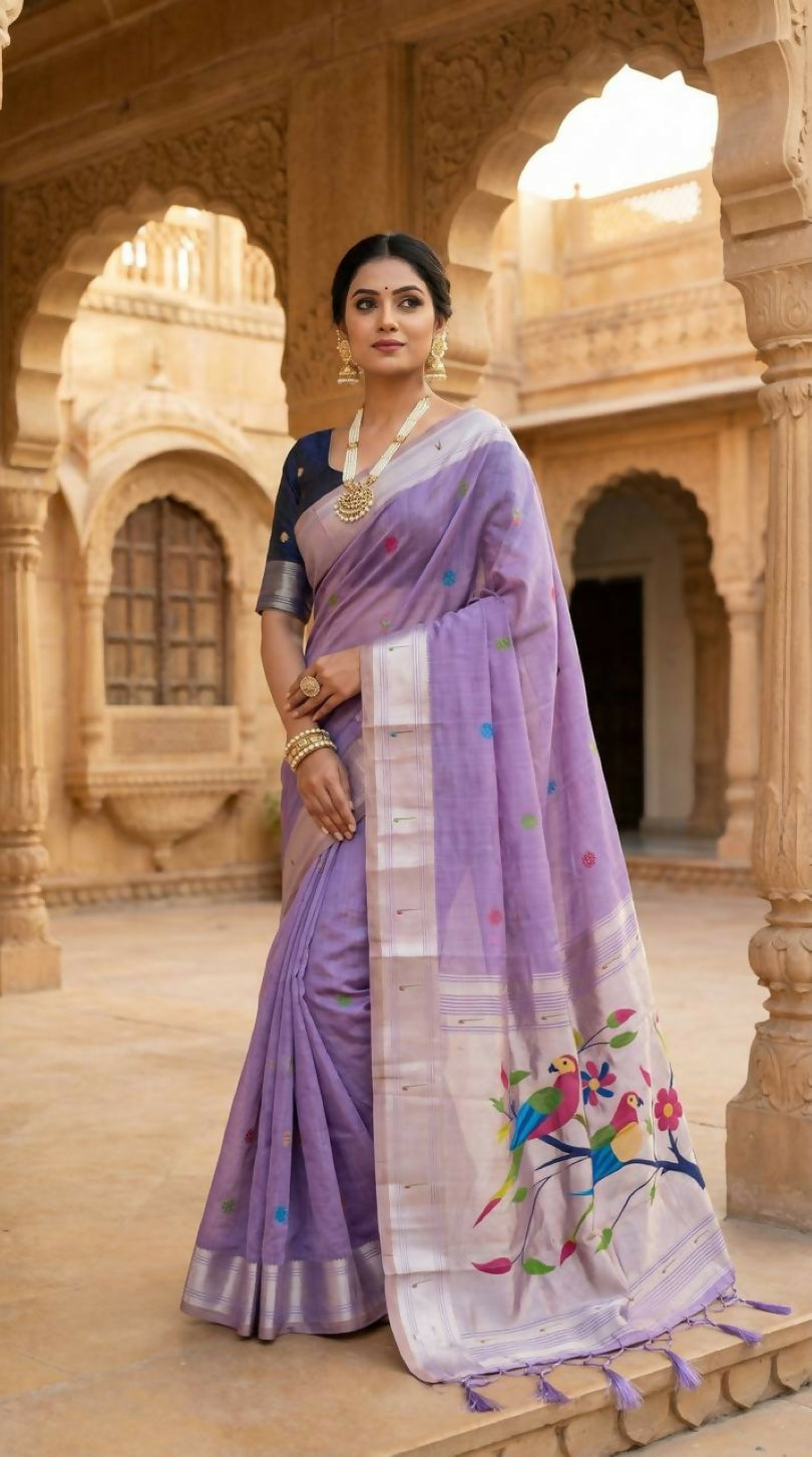Vastranavya Lavender Muga Cotton Meenakari & Munia Weaving Pallu Saree with Contrast Blouse
