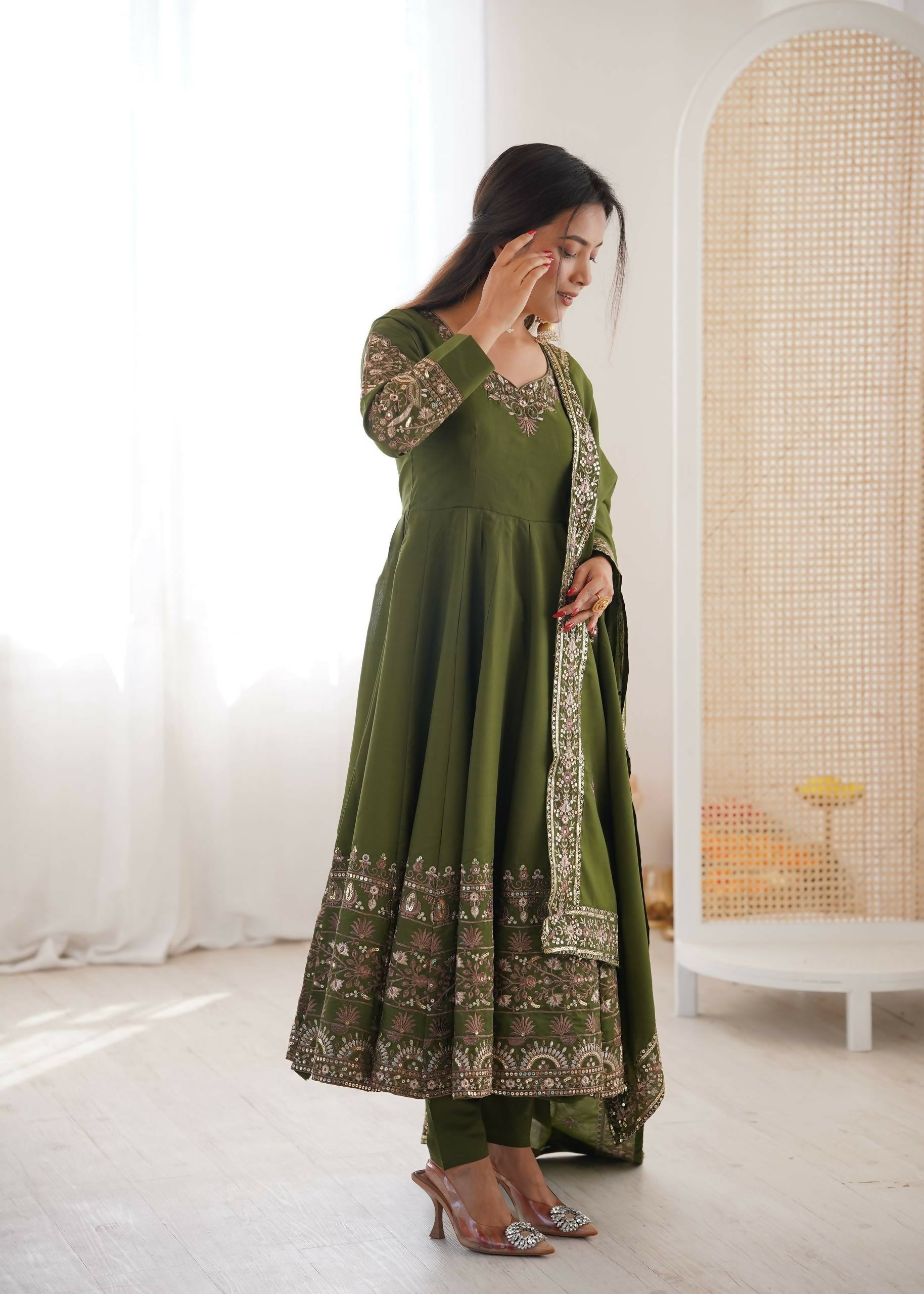 Teeya Creation Green Roman Silk Embroidery Work Party Wear Long Gown