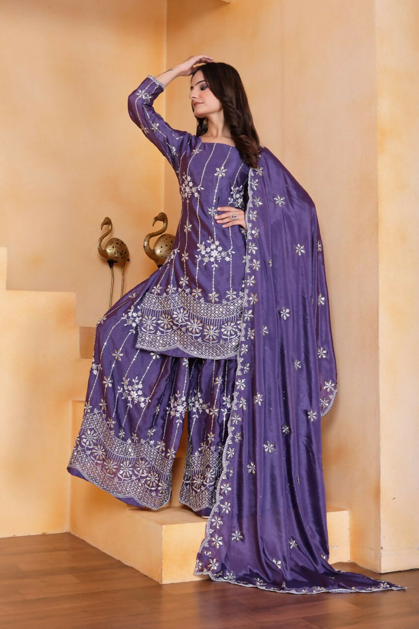 Teeya Creation Lavender Color Chinon Silk Wedding Wear Trending Palazzo Set