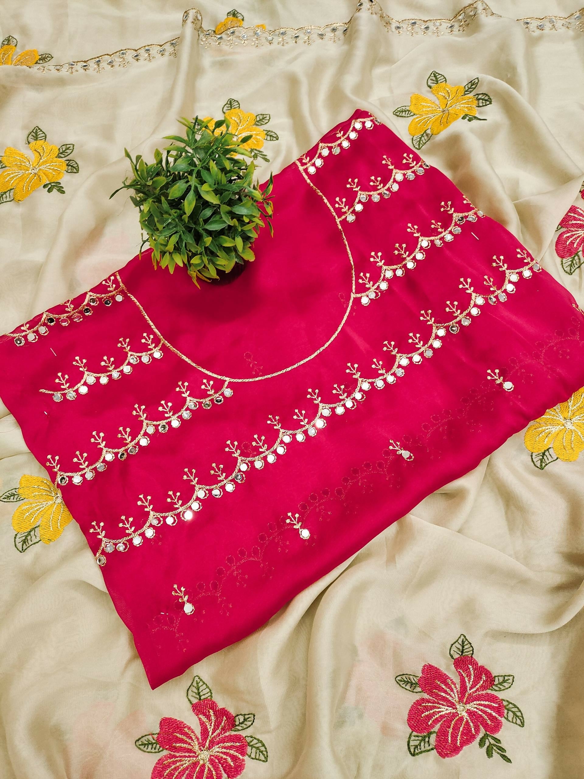 Teeya Creation Cream Rangoli Silk Embroidery Work Party Wear Designer Saree