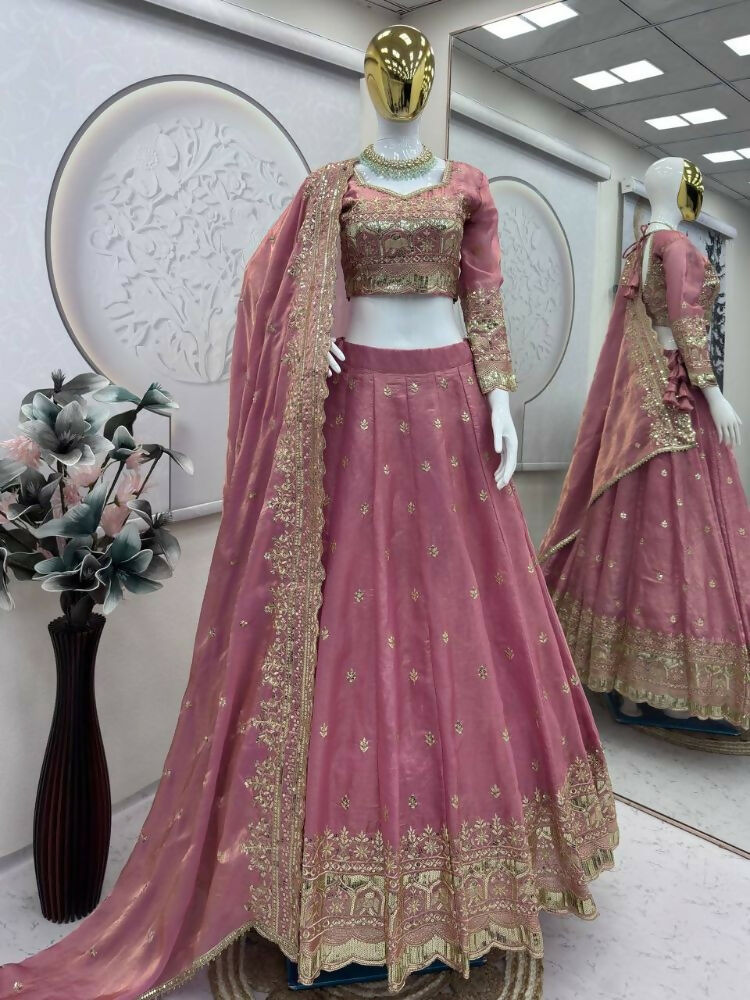 Teeya Creation Pink Color Fendy Satin Heavy Embroidery Work Wedding Wear Stitched Lehenga Choli