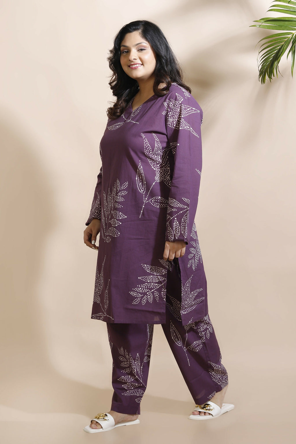 Breathables Women’S Purple Cotton Abstract Print Loungewear Co-Ord Set – Long Kurta & Pants