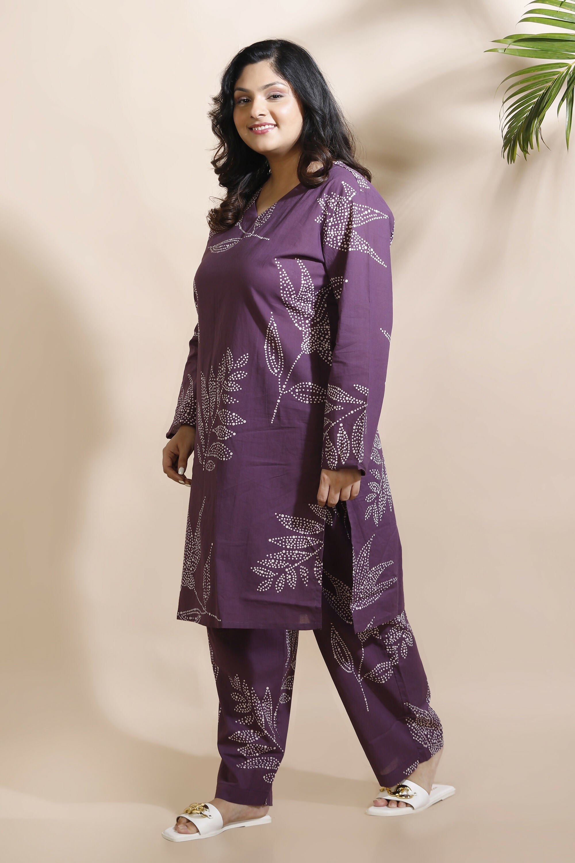 Breathables Women’S Purple Cotton Abstract Print Loungewear Co-Ord Set – Long Kurta & Pants