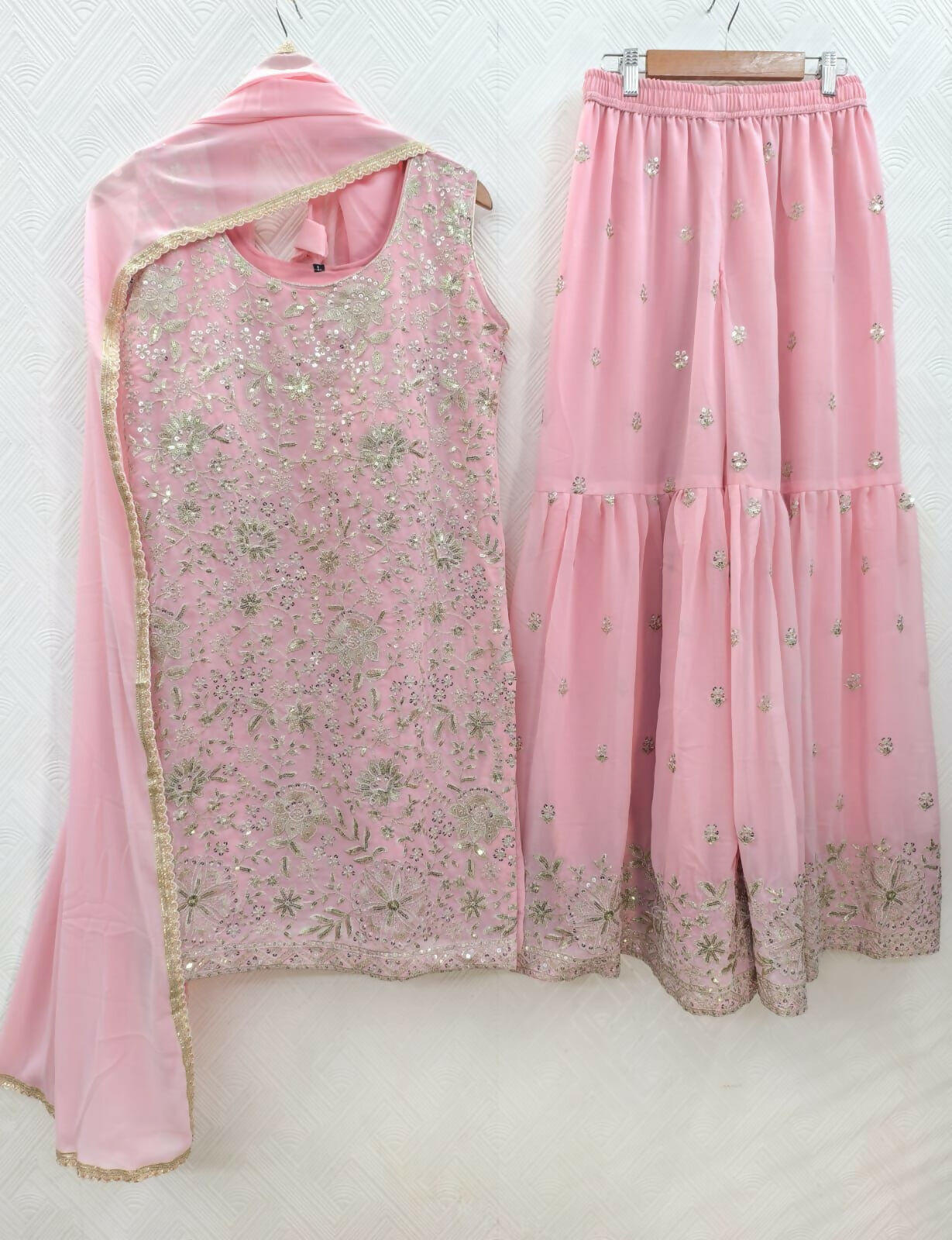 Teeya Creation Womens New Designer Georgette Pink Embroidered Sharara Set With Sequence Work And Lace Border Dupatta