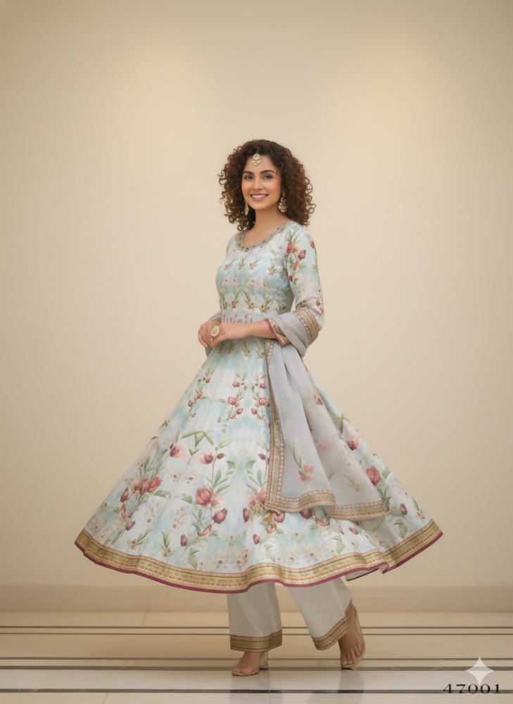 Functional Designer Sky Jam Silk Anarkali suit with Dupatta-Anbazaar