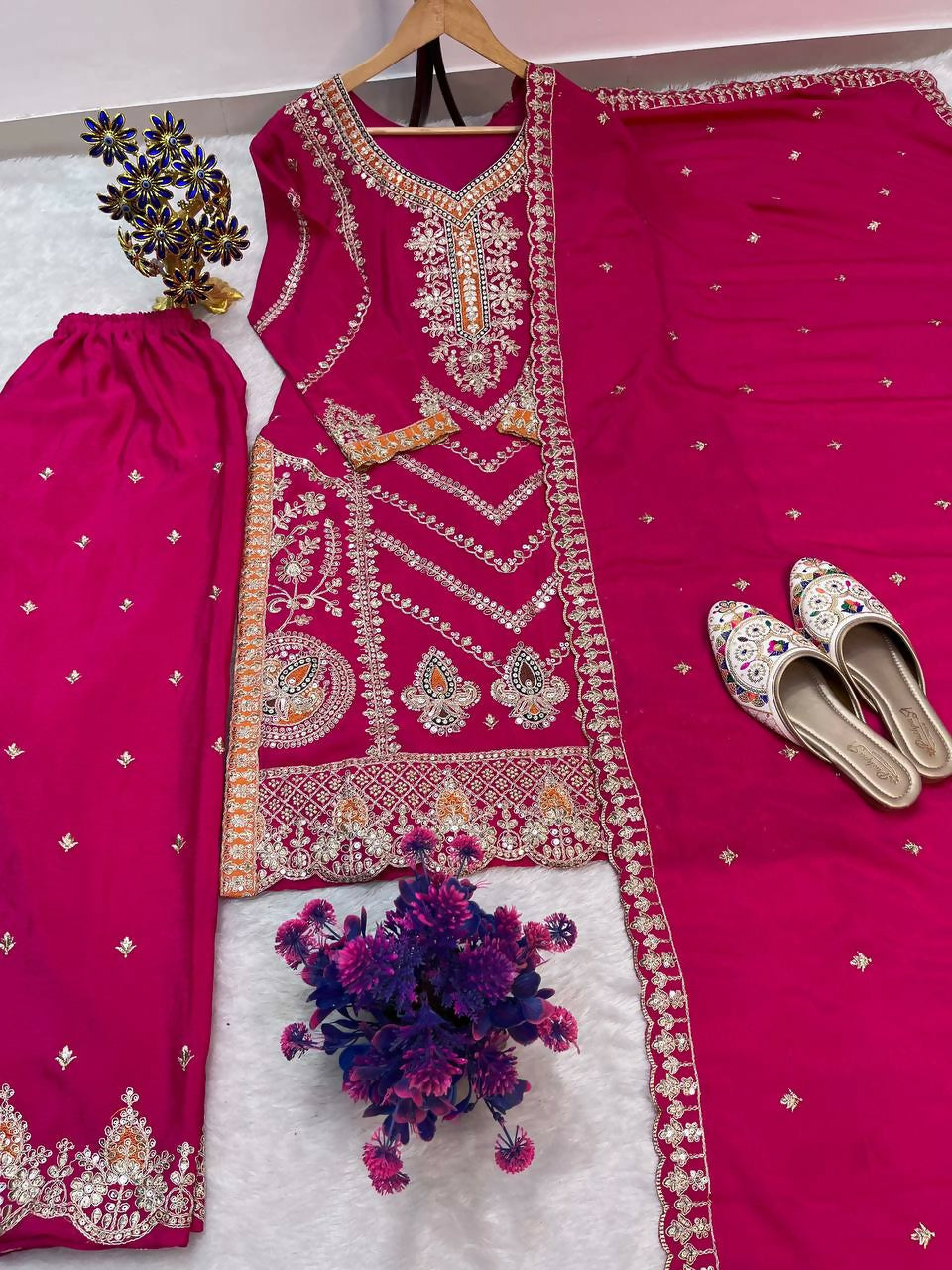 Teeya Creation Rani Color Chinon Silk Party Wear Trending Palazzo Set