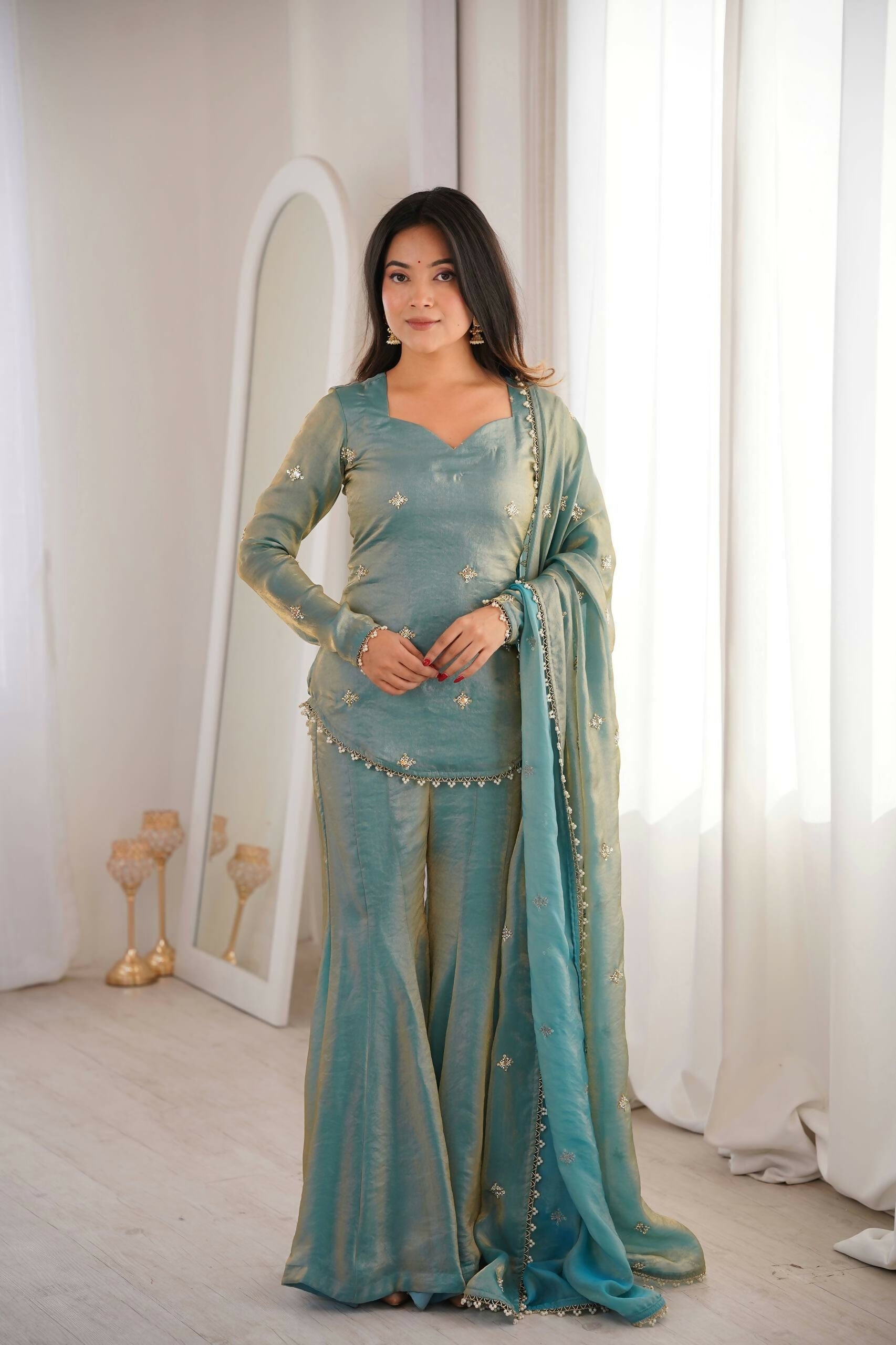 Teeya Creation New Womens Trendy Embroidery Sequence Work Teal Kurta Set