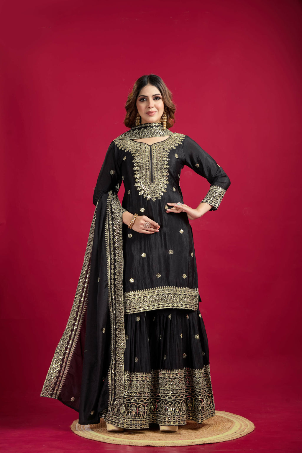 Joban Fashion Black Kurta Set Silk Sequins , Zari, Coding & Thread Embroidered work