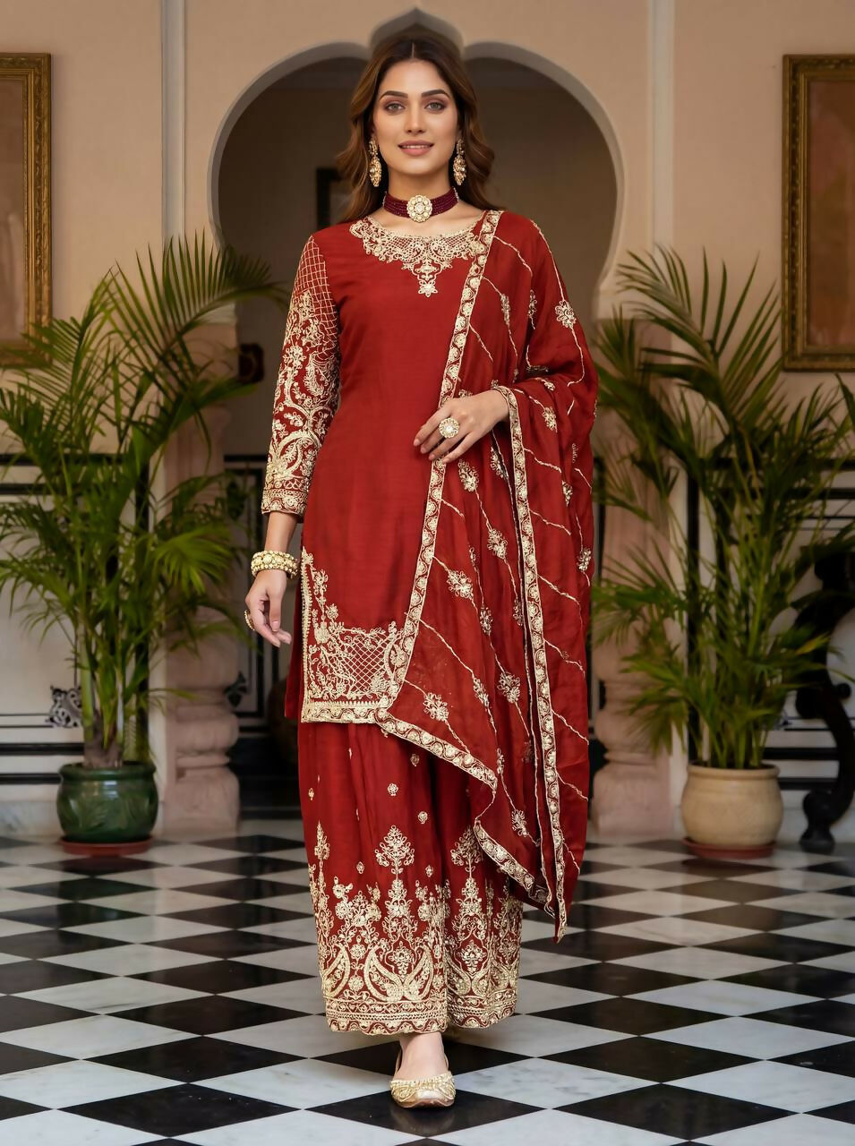 Teeya Creation Red Chinon Silk Designer Wedding Wear Embroidery Work Palazzo